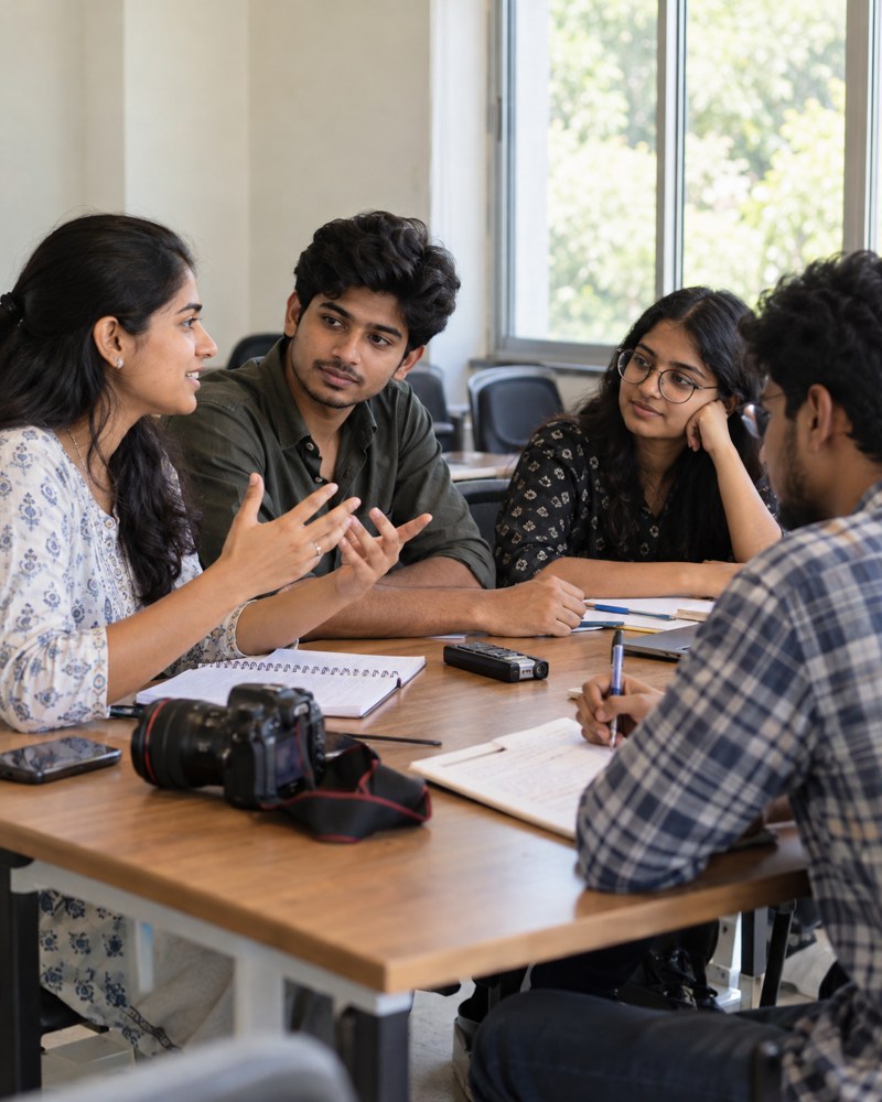 Illustrative image of students discussing journalism in a classroom